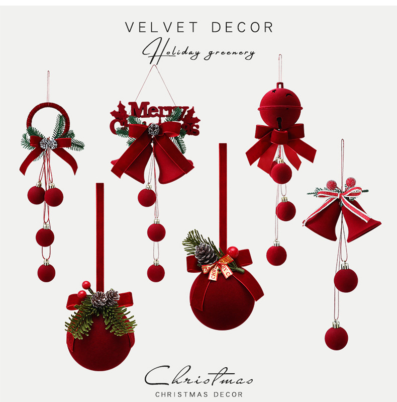 Wine-red flocked Christmas ornaments