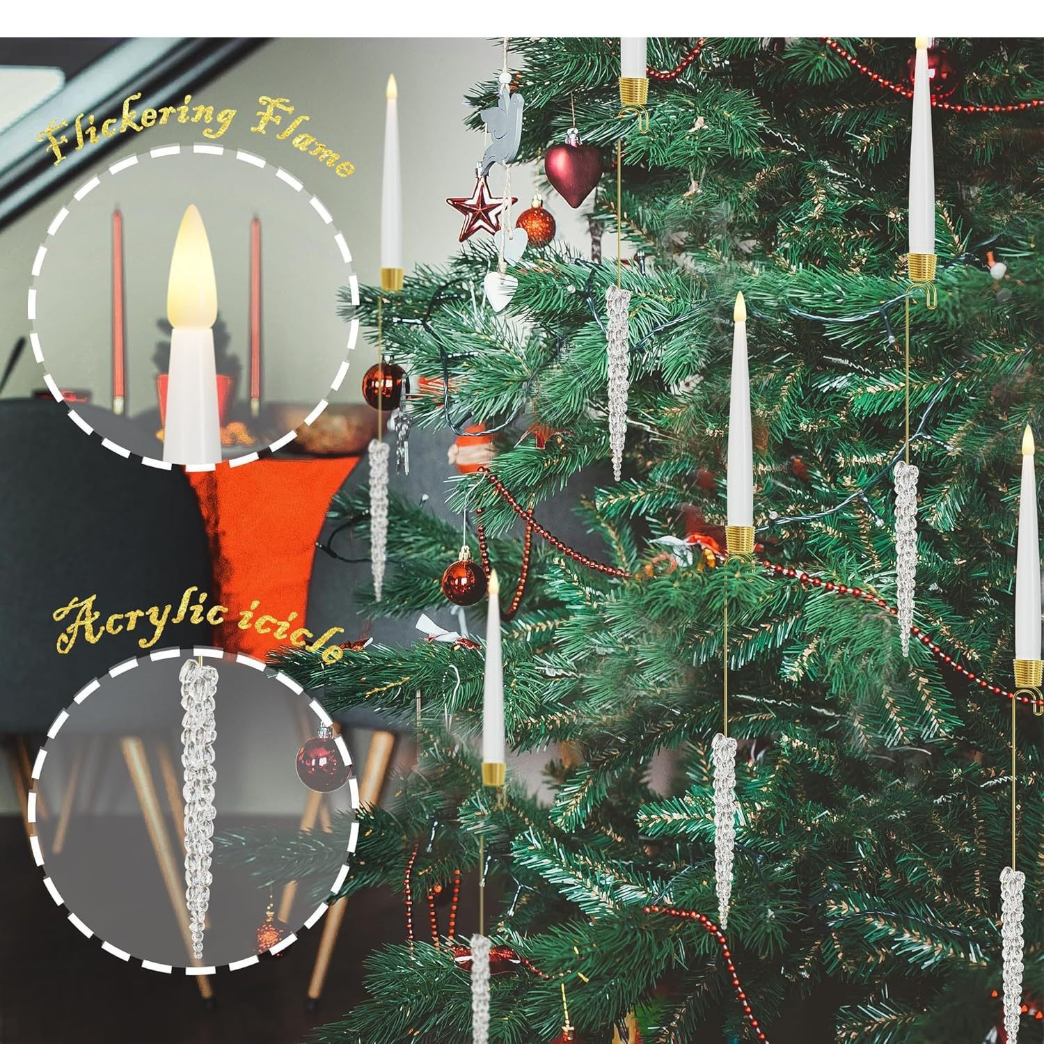 Candle-style LED decorations hanging on a Christmas tree